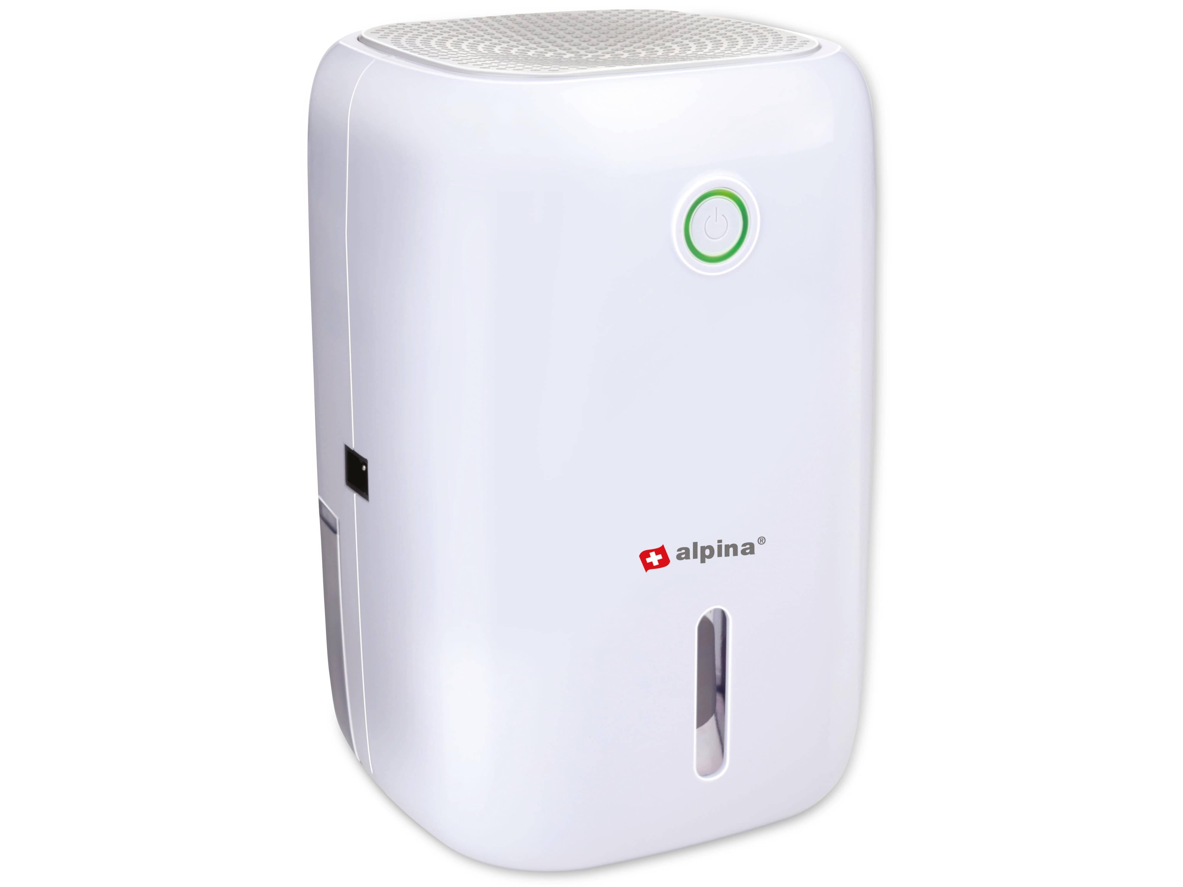 Ein kleiner weißer Entfeuchter mit einem kreisförmigen Lüftungsgitter oben, Netzschalter, Alpina-Logo und einer Wasserstandsanzeige an der Vorderseite.
