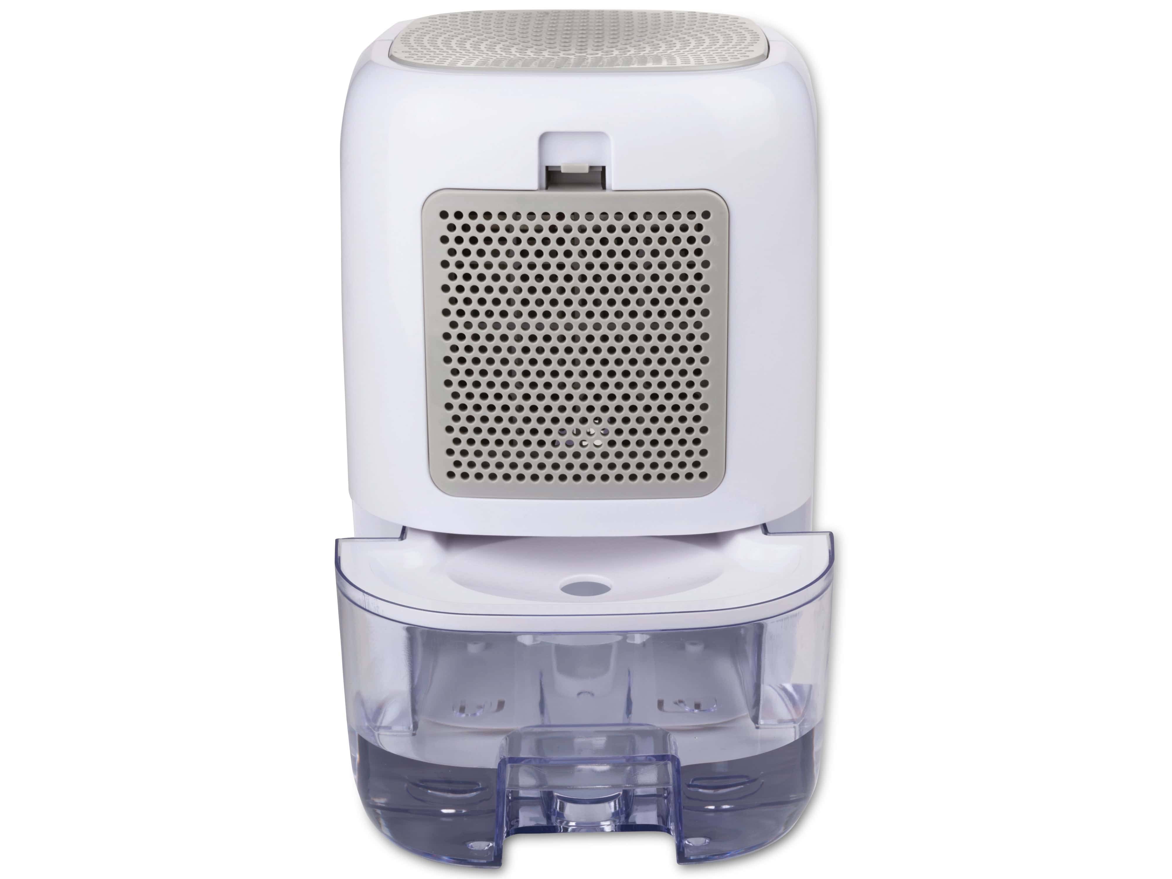 Ein kompakter weißer Luftentfeuchter mit frontseitigem Lufteinlass und transparentem Wassertank.