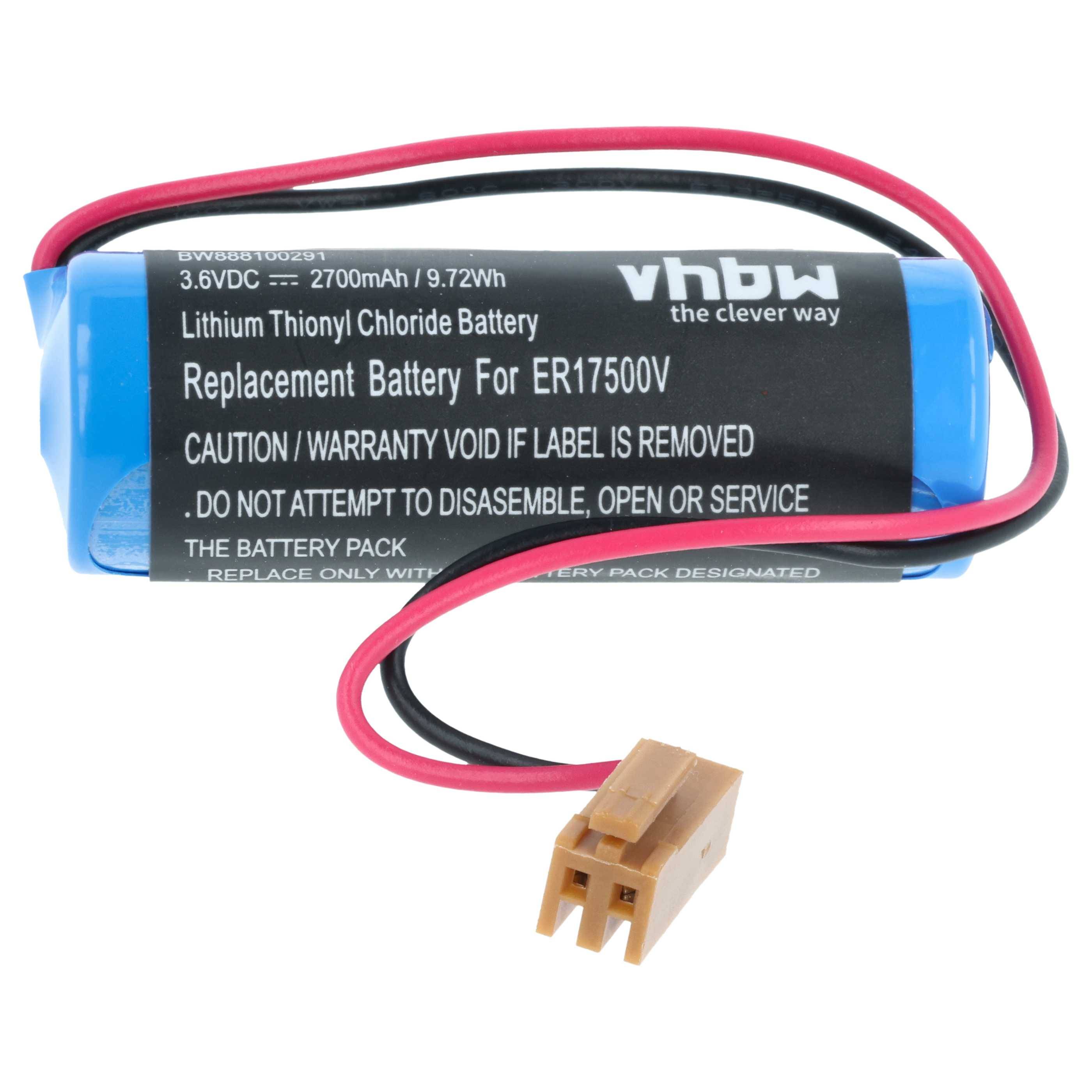 Eine blaue Ersatz-Lithium-Thionylchlorid-Batterie mit angeschlossenen roten und schwarzen Kabeln, beschriftet mit 'Ersatzbatterie für ER17500V.