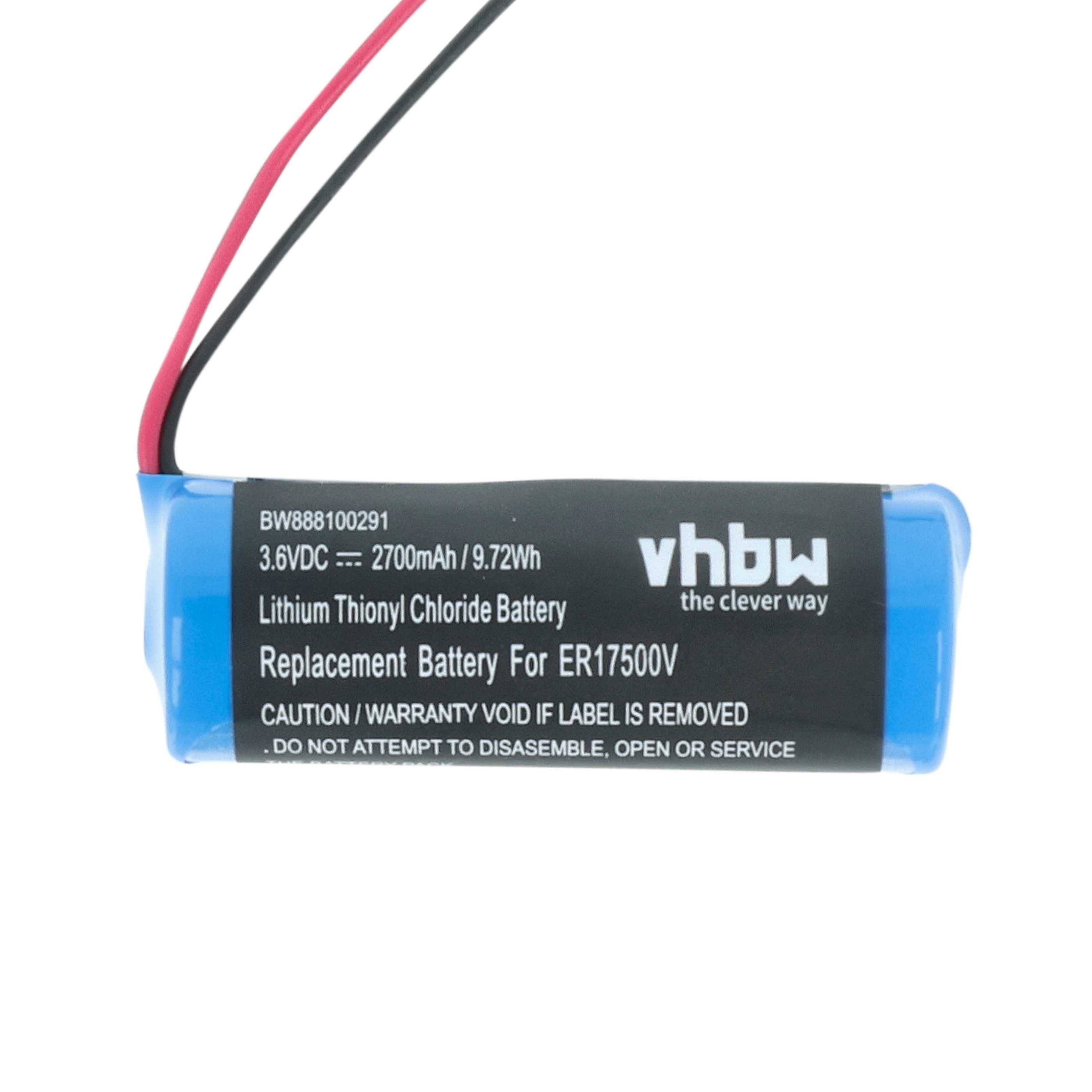 Eine Lithium-Thionylchlorid-Rundzelle mit der Bezeichnung 'vhbw' mit folgenden Spezifikationen: 3,6 V Gleichspannung, 2700 mAh, 9,72 Wh und 'Ersatzbatterie für ER17500'.