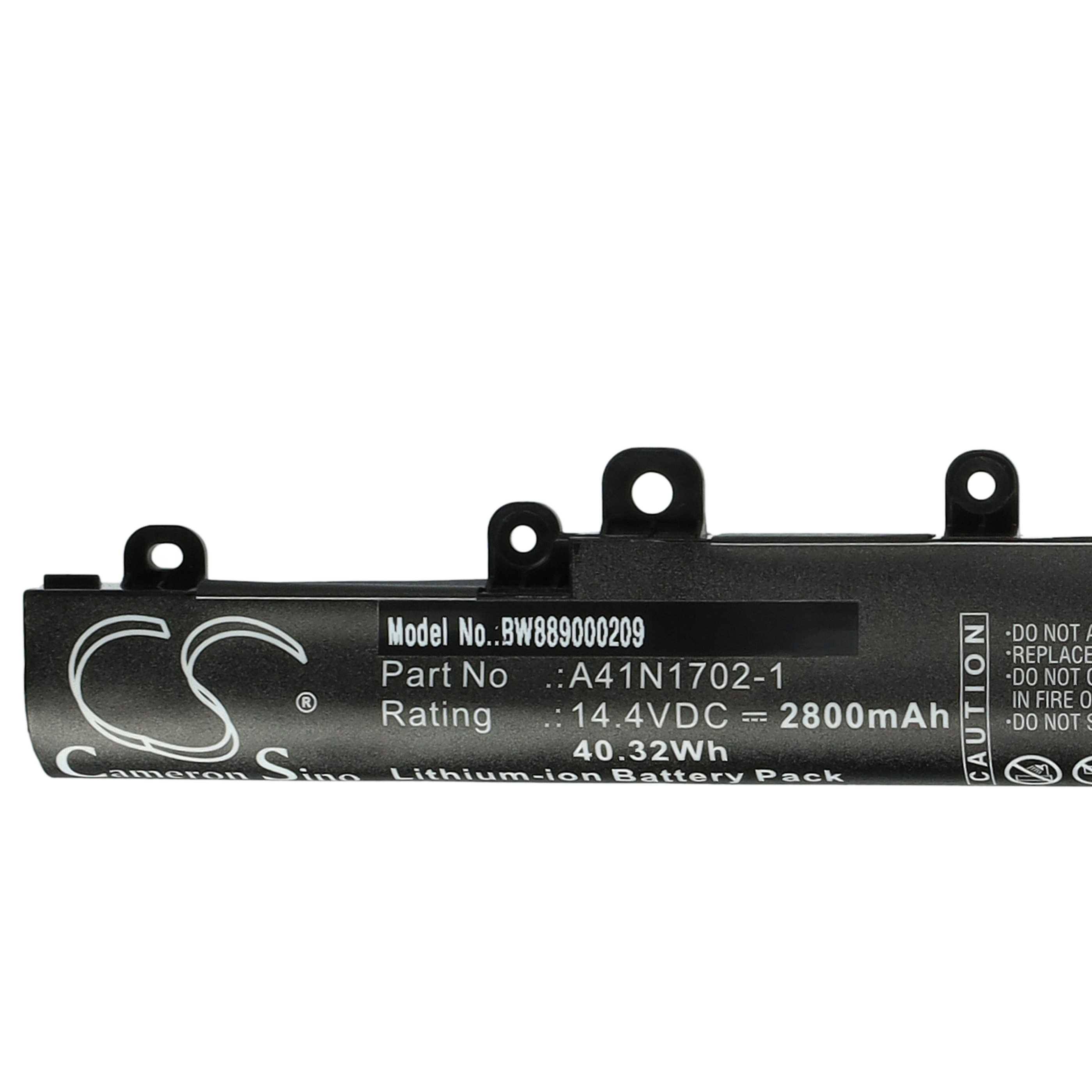 Eine Lithium-Ionen-Batterie, Modell BW899000209, mit einer Nennspannung von 14,4 V DC und einer Kapazität von 2800 mAh, mit Warnhinweisen auf der Seite zur Vermeidung von Missbrauch und Brandgefahren.