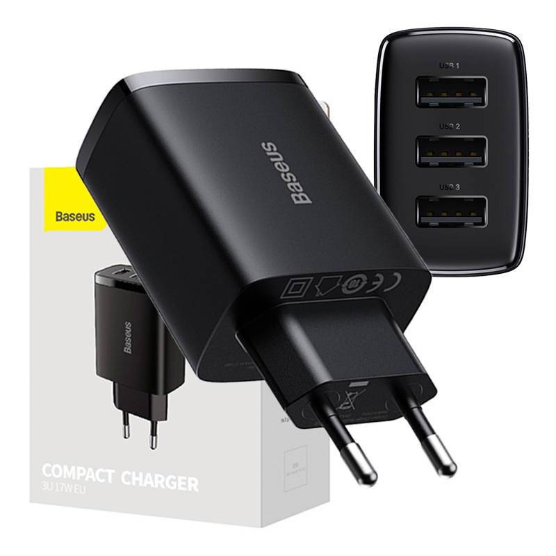 Baseus Kompaktes Schnellladegerät, 3x USB, 17W (Schwarz)