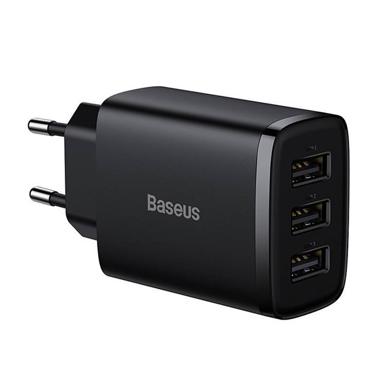Baseus Kompaktes Schnellladegerät, 3x USB, 17W (Schwarz)