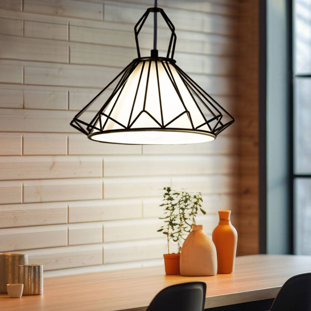 Hängeleuchte Textil weiß Esszimmerlampe hängend Pendelleuchte Gitter schwarz, Fernbedienung dimmbar, RGB LED 8,5W 806Lm warmweiß, DxH 40x120 cm