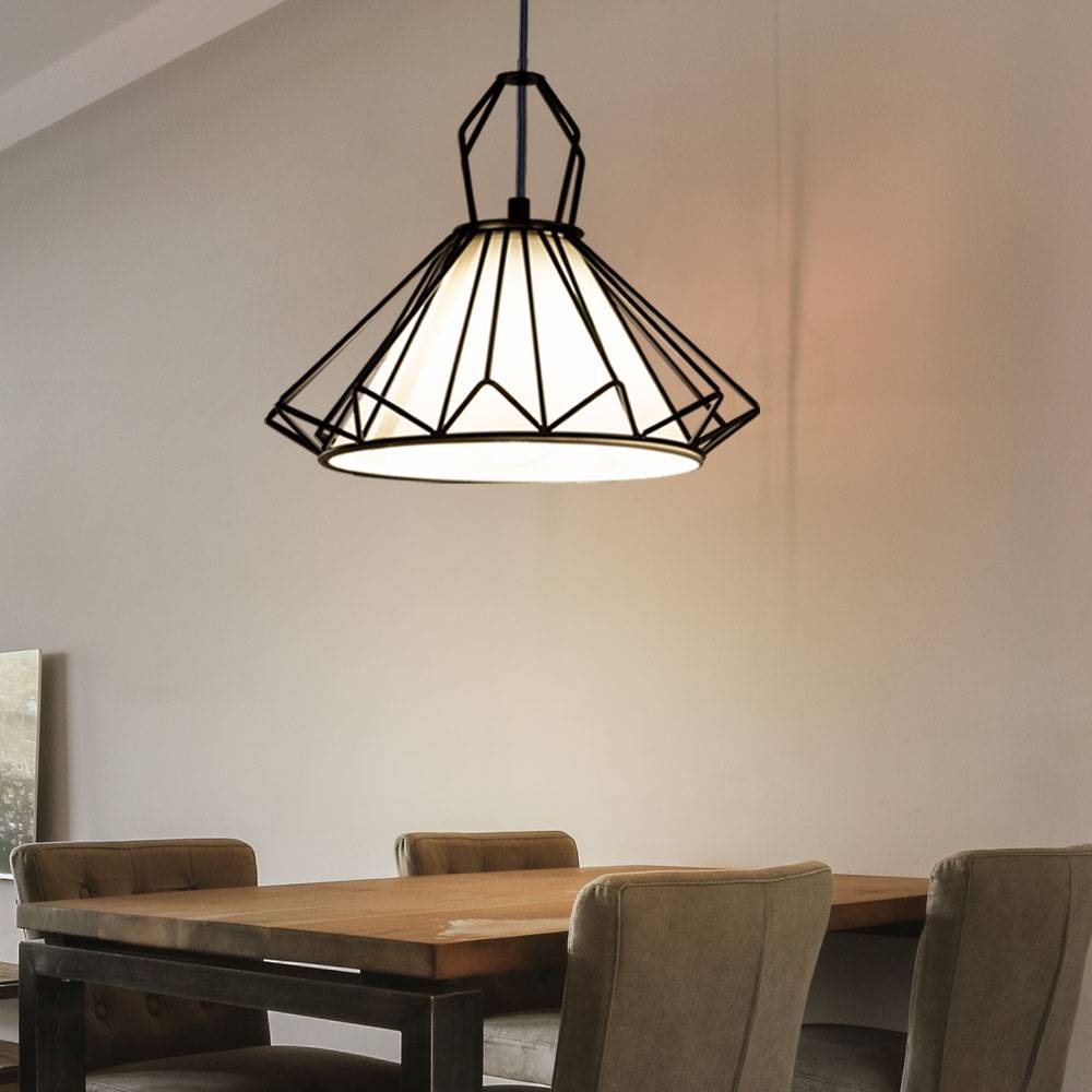 Hängeleuchte Textil weiß Esszimmerlampe hängend Pendelleuchte Gitter schwarz, Fernbedienung dimmbar, RGB LED 8,5W 806Lm warmweiß, DxH 40x120 cm