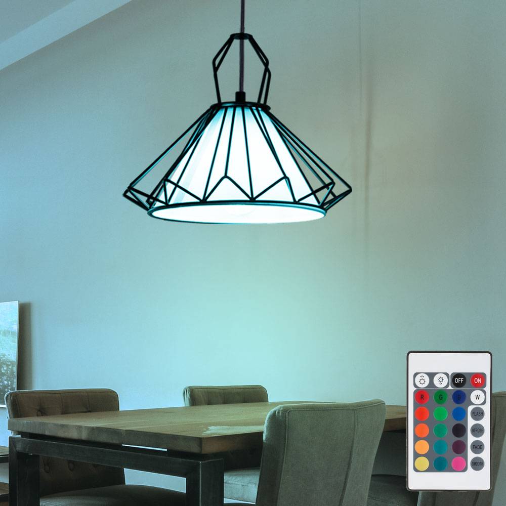 Hängeleuchte Textil weiß Esszimmerlampe hängend Pendelleuchte Gitter schwarz, Fernbedienung dimmbar, RGB LED 8,5W 806Lm warmweiß, DxH 40x120 cm
