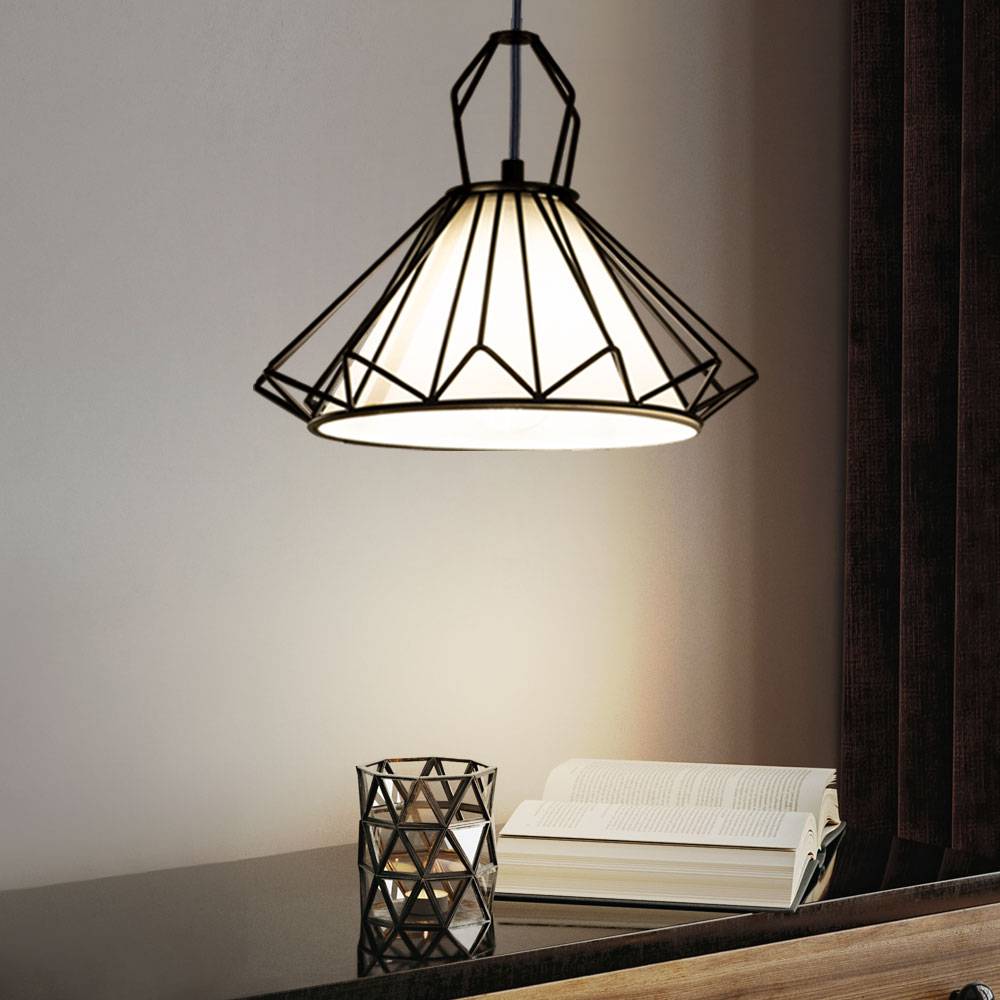 Hängeleuchte Textil weiß Esszimmerlampe hängend Pendelleuchte Gitter schwarz, Fernbedienung dimmbar, RGB LED 8,5W 806Lm warmweiß, DxH 40x120 cm