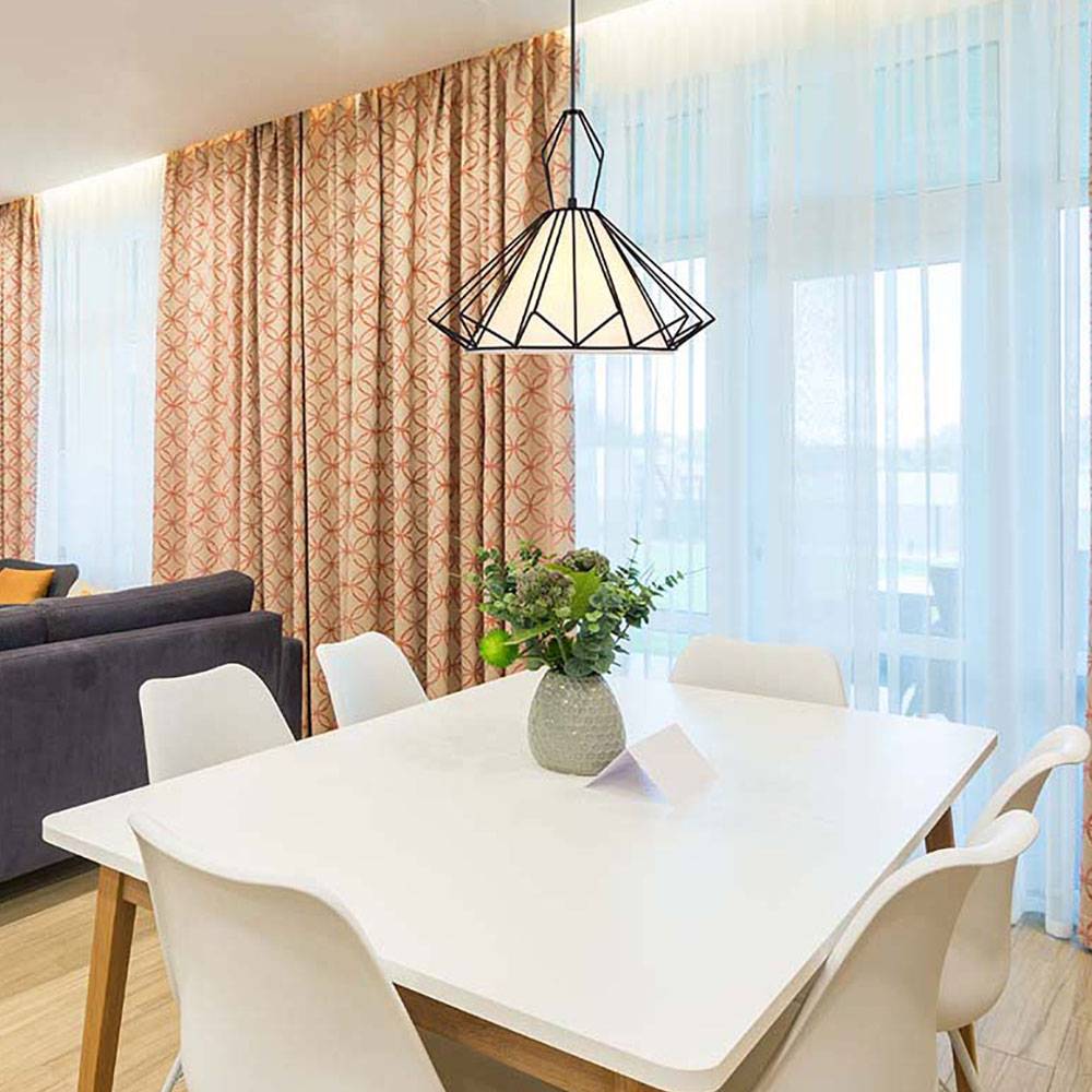 Hängeleuchte Textil weiß Esszimmerlampe hängend Pendelleuchte Gitter schwarz, Metall, 1x E27 Fassung, DxH 40x120 cm