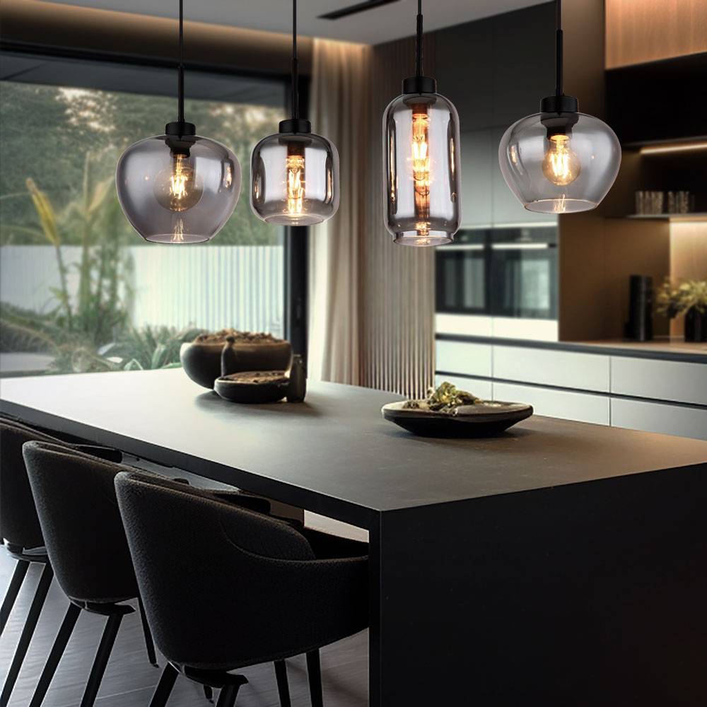 Hängeleuchte Rauchglas Pendelleuchte Glas Esszimmerlampe schwarz, Metall, 4x E27 Fassungen, LxBxH 99,5x24x120 cm