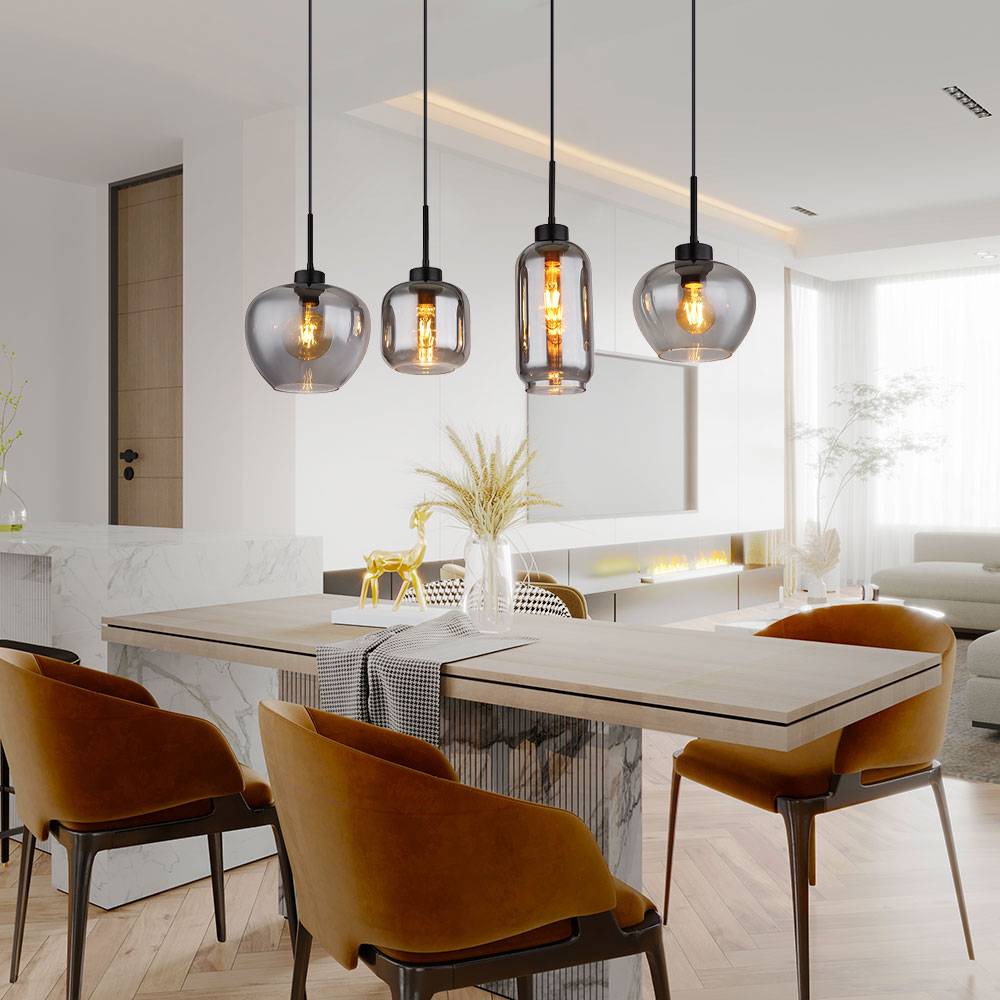 Hängeleuchte Rauchglas Pendelleuchte Glas Esszimmerlampe schwarz, Metall, 4x E27 Fassungen, LxBxH 99,5x24x120 cm
