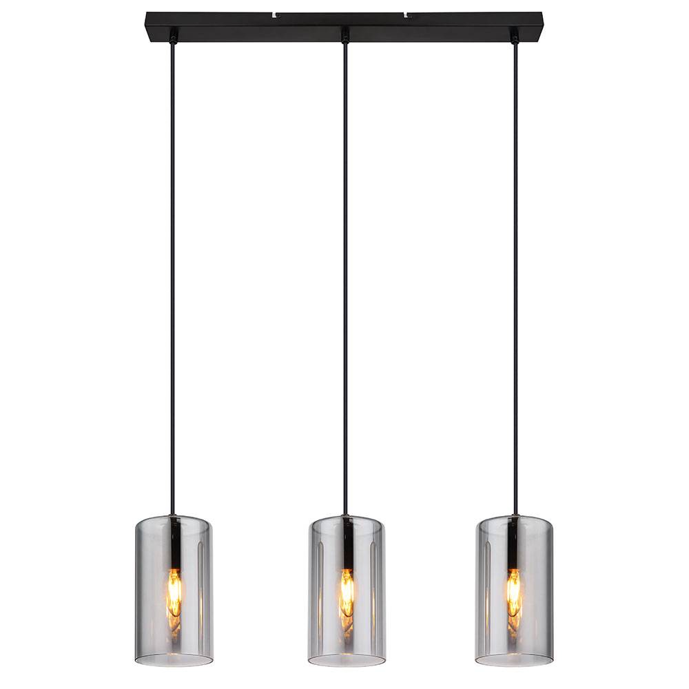 Pendelleuchte Hängelampe Deckenleuchte Esstischlampe, Metall schwarz Glas Rauchfarben, 3 Flammig E14 25W, H 120 cm