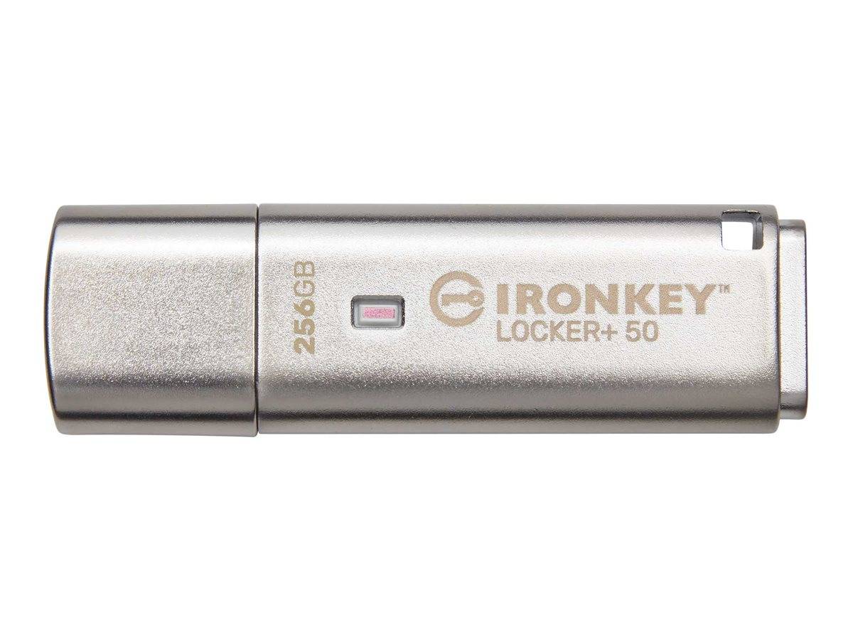 Silver IronKey Locker+ 50 256GB USB-Speicherstick mit Schiebekappe und USB-Anschluss.