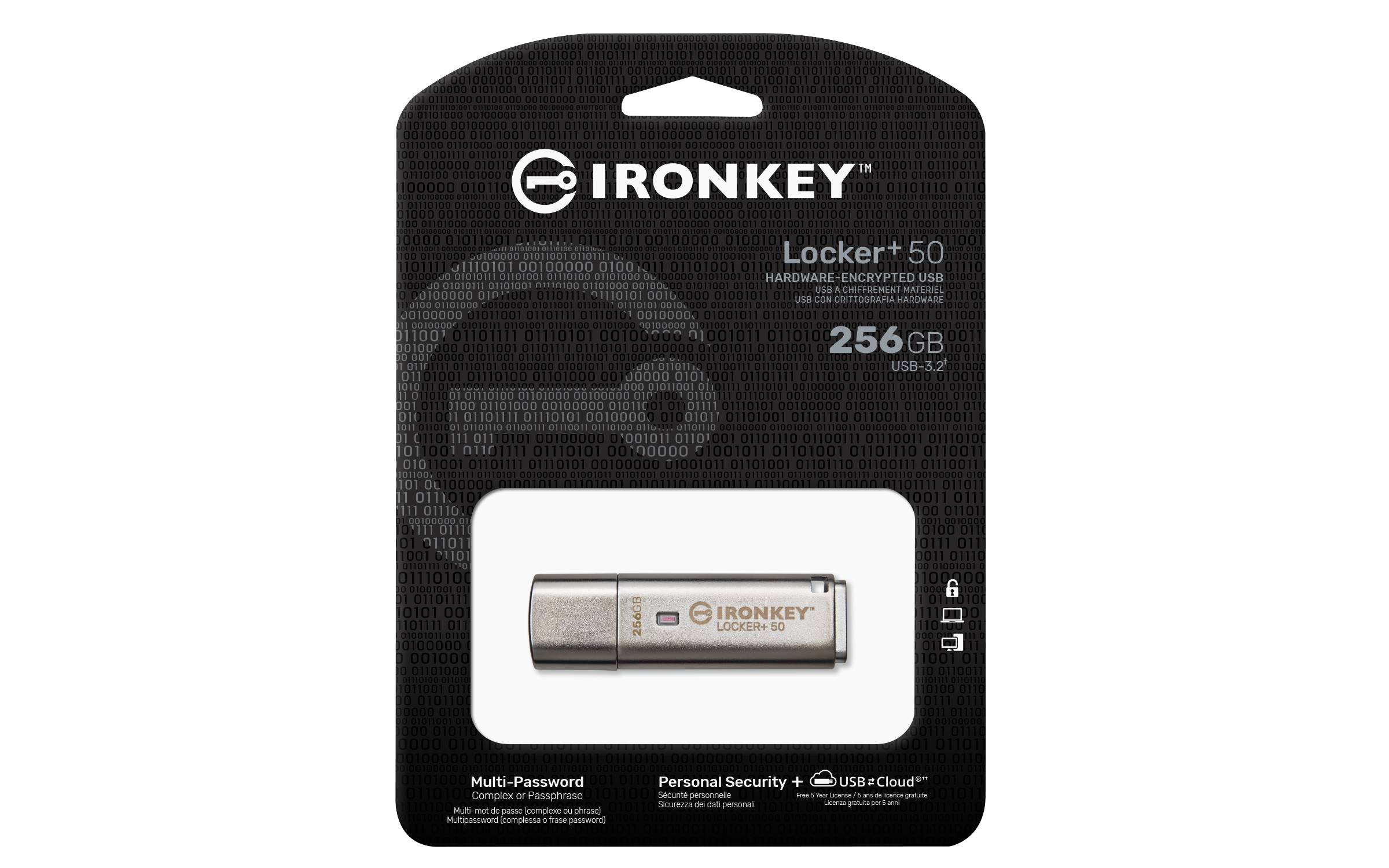 IronKey Locker+ 50 USB-Stick im 256-GB-Paket, gekennzeichnet mit 256 GB, in schwarzer Einzelhandelverpackung mit dem Stick, der durch ein klares Fenster sichtbar ist.
