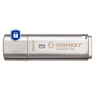 Silver IronKey Locker+ 50 256GB USB-Stick mit Schlosssymbol, vor weißem Hintergrund dargestellt.