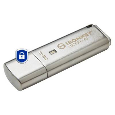 Silbernes USB-Flash-Laufwerk mit der Bezeichnung „IRONKEY Locker+ 50