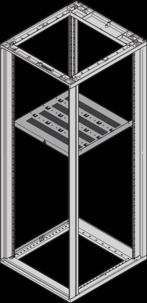 Ein hoher, leerer Metallserver-Rack mit Lüftungsschlitzen, aus einem schrägen Blickwinkel aufgenommen, vor einem schwarzen Hintergrund.