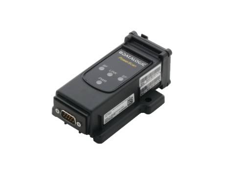 Schwarzes Datalogic-Industrie-Barcode-Scanner-Modul mit Montagebasis und Anschlussport auf weißem Hintergrund.