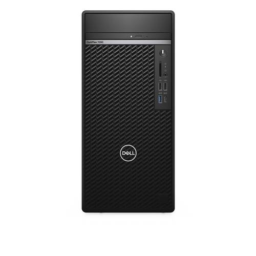 Ein schwarzer Desktop-Tower mit einer strukturierten Vorderseite, versehen mit einem Dell-Logo, USB-Anschlüssen, Kopfhörerbuchse und Einschaltknopf.