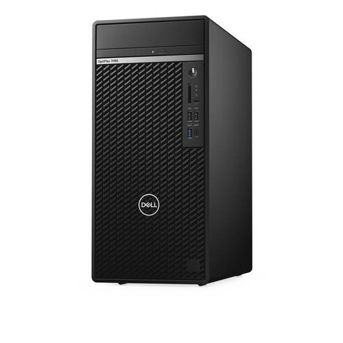 Ein schwarzer Dell-Desktopcomputer-Tower mit einer strukturierten Frontblende, der Einschaltknöpfe und USB-Anschlüsse an der Seite zeigt.