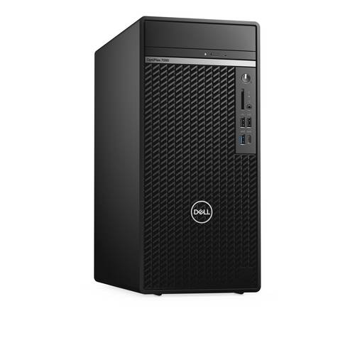 Ein schwarzer Dell-Desktop-Computertower mit USB-Anschlüssen, einem Einschaltknopf und einer strukturierten Frontblende, von einem leichten Winkel aus betrachtet.