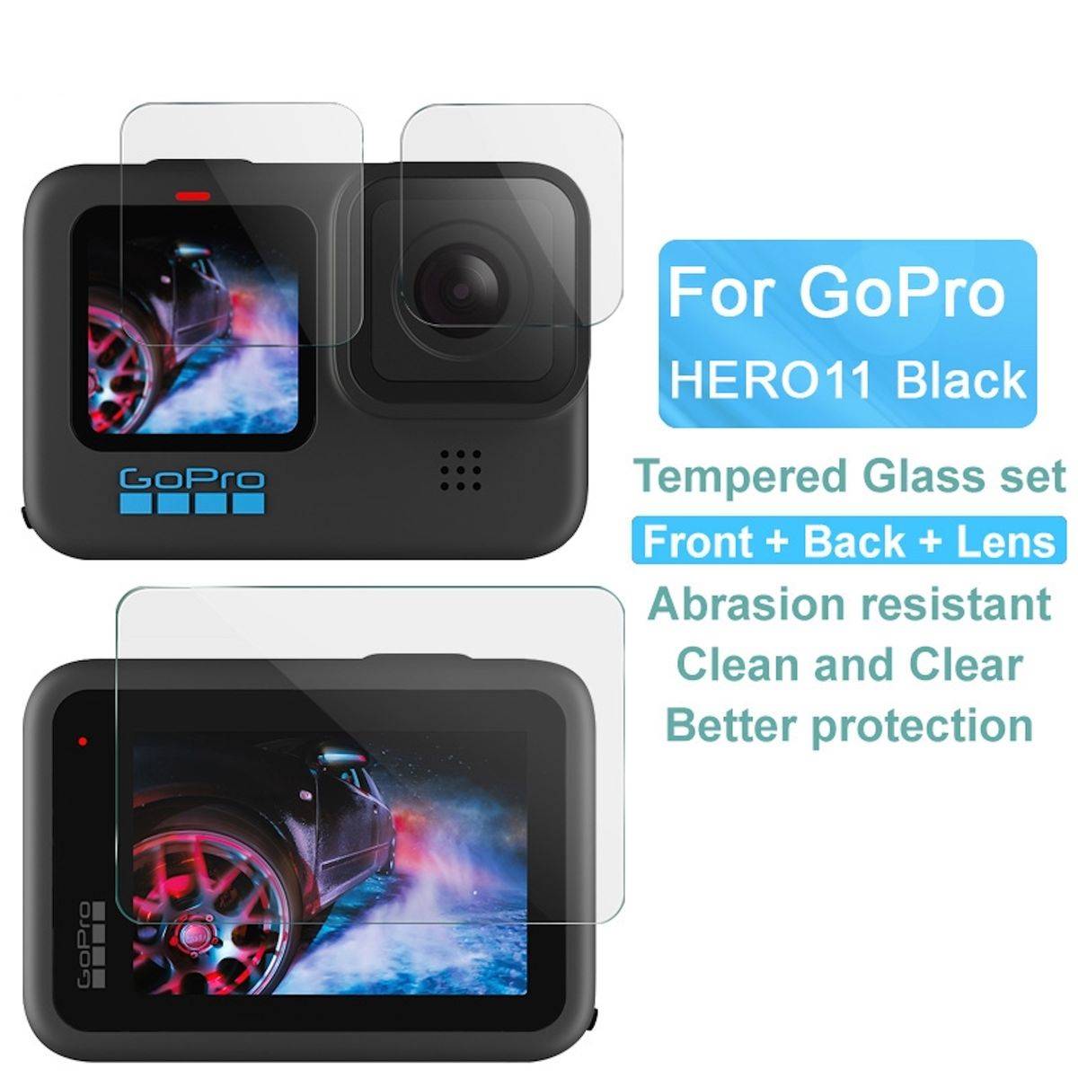 Für GoPro HERO11 Schutzglas Set für Kamera Screens Komplettschutz Hart Glas Transparent