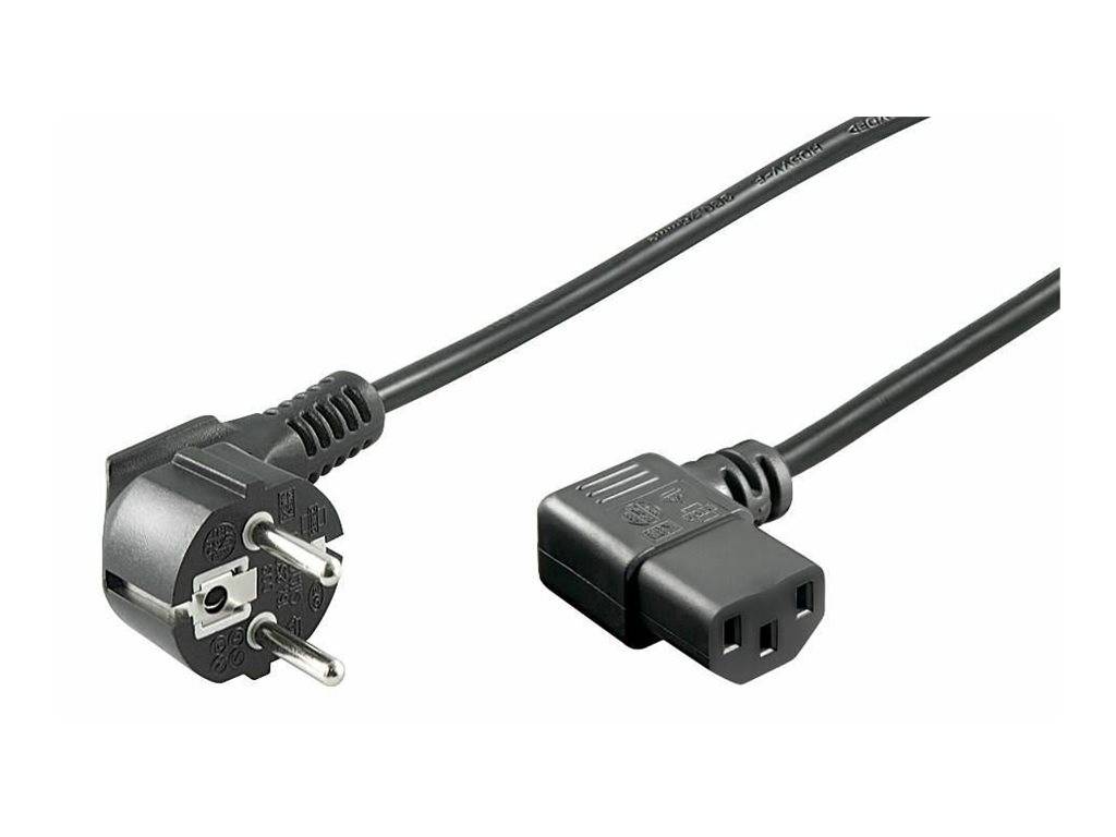 Schwarzes Stromkabel mit europäischem Schuko-Stecker auf der einen Seite und IEC-C13-Buchse auf der anderen Seite, dargestellt auf weißem Hintergrund.