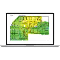 Laptop mit einer farbcodierten Grundrisszeichnung oder schematischen Karte mit Räumen und Wegen, die in Grün und Gelb hervorgehoben sind