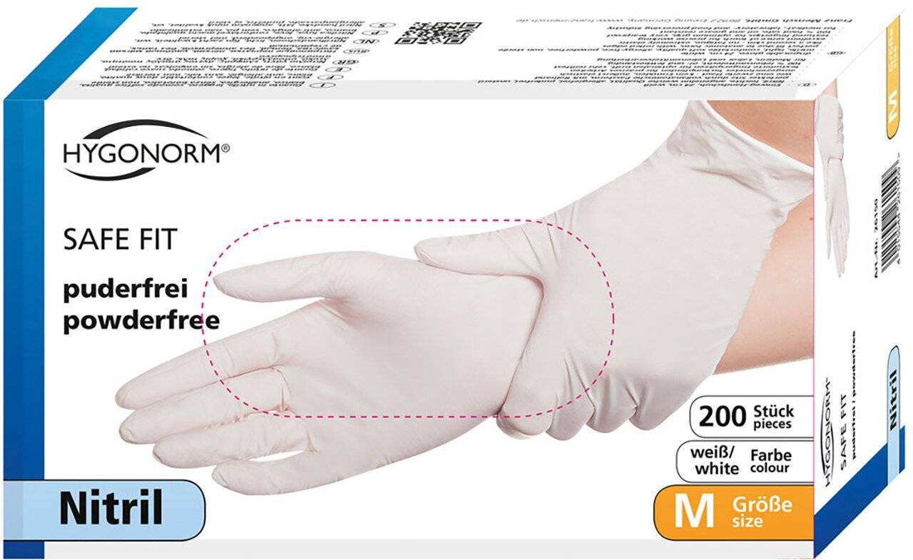 Hygonorm Nitrilhandschuh SAFE FIT, weiß, Größe S, puderfrei, 100er Box