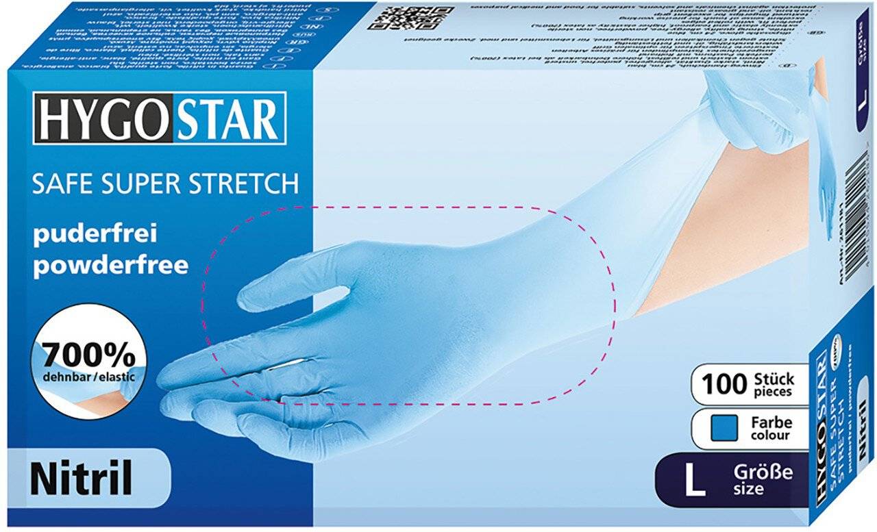 Hygostar Nitrilhandschuh SAFE SUPER STRETCH, blau, Größe XS, puderfrei
