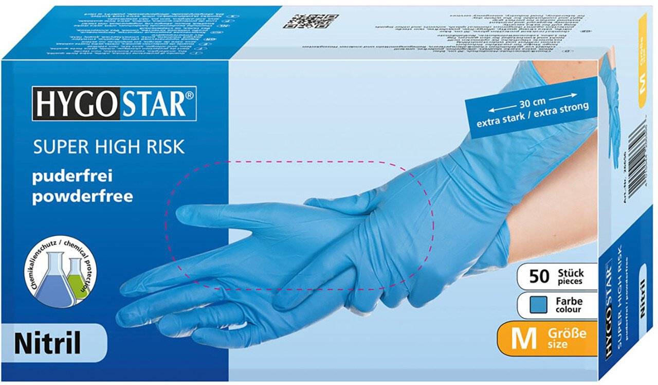 Hygostar Nitrilhandschuh SUPER HIGH RISK, blau, Größe XL, 30cm, puderfrei