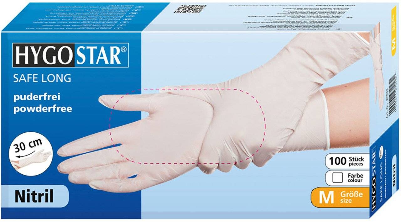 Hygostar Nitrilhandschuh SAFE LONG, weiß, Größe S, 30cm, puderfrei