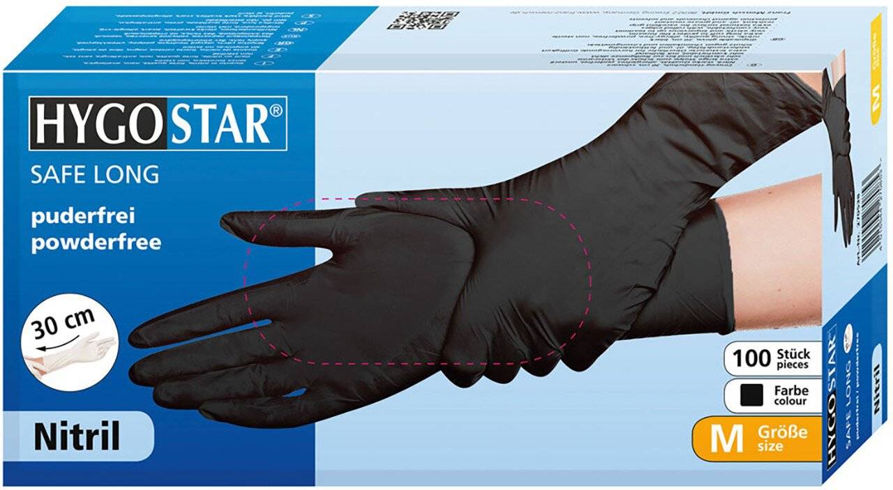 Hygostar Nitrilhandschuh SAFE LONG, schwarz, Größe XL, 30cm, puderfrei