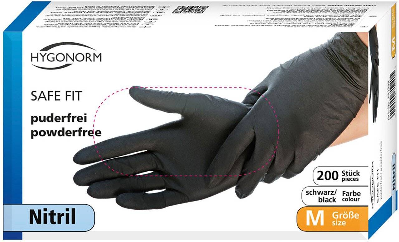 Hygonorm Nitrilhandschuh SAFE FIT, schwarz, Größe S, puderfrei, 200er Box