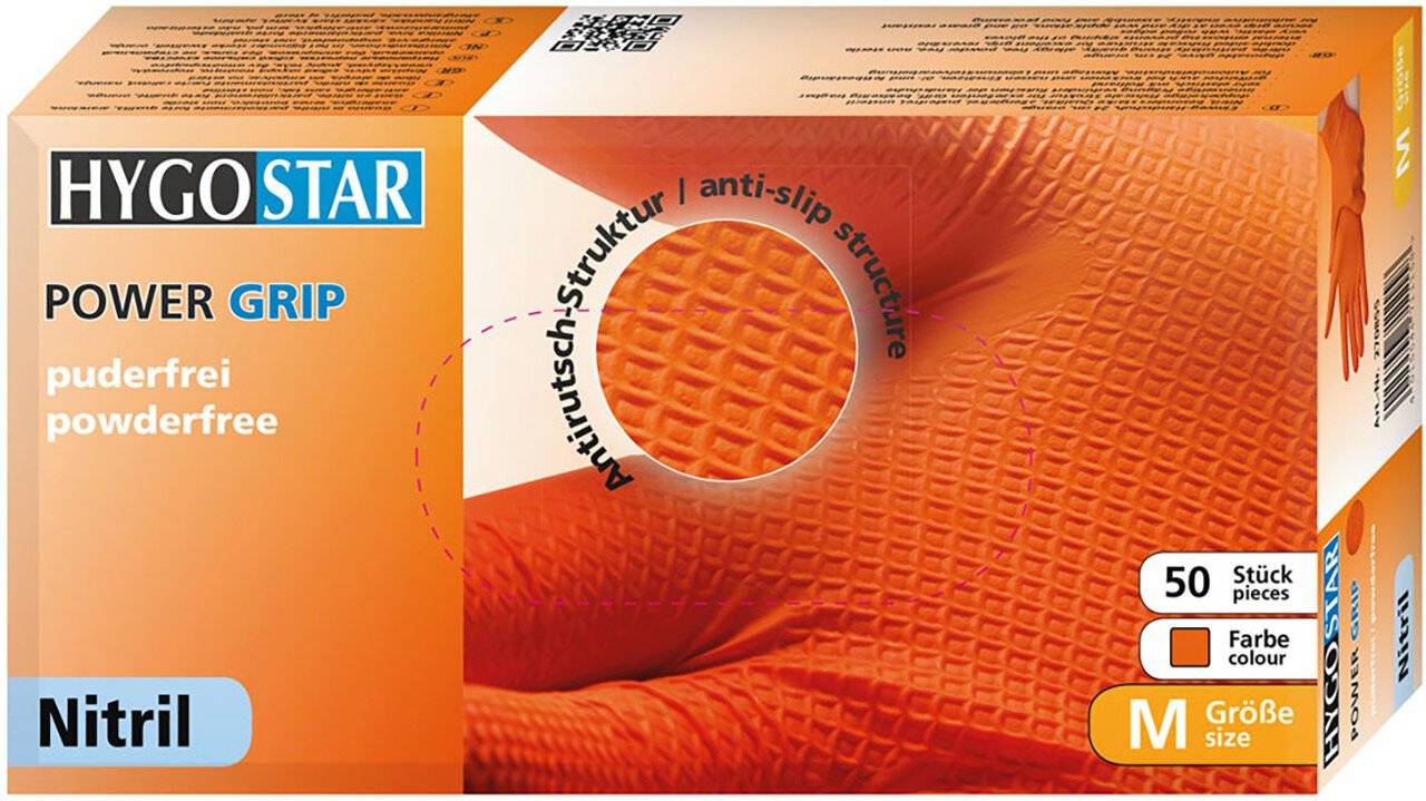Hygostar Nitrilhandschuh POWER GRIP, orange, Größe M, puderfrei