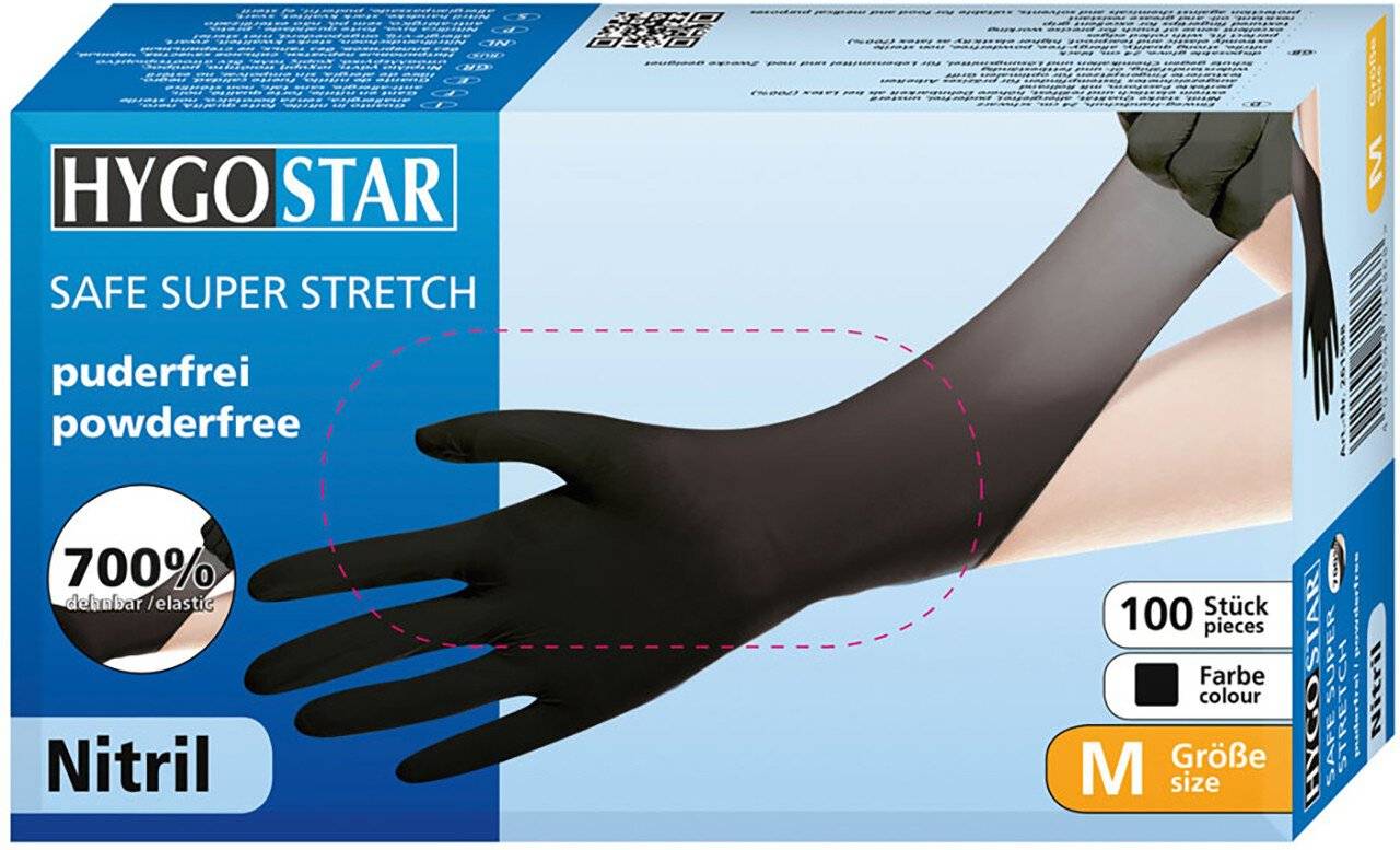 Hygostar Nitrilhandschuh SAFE SUPER STRETCH, schwarz, Größe S, puderfrei