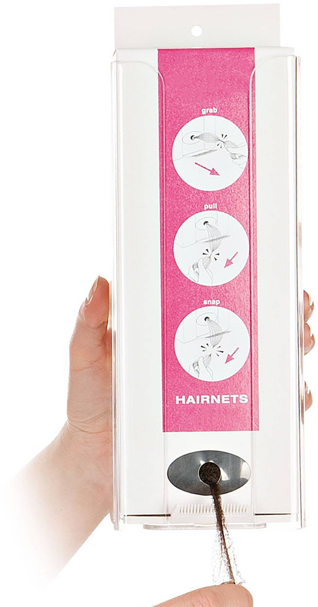 Hand hält ein Paket mit Anweisungen zum Ziehen, Abreißen und Entsorgen eines Haarnetzes, dargestellt durch drei kreisförmige Diagramme.
