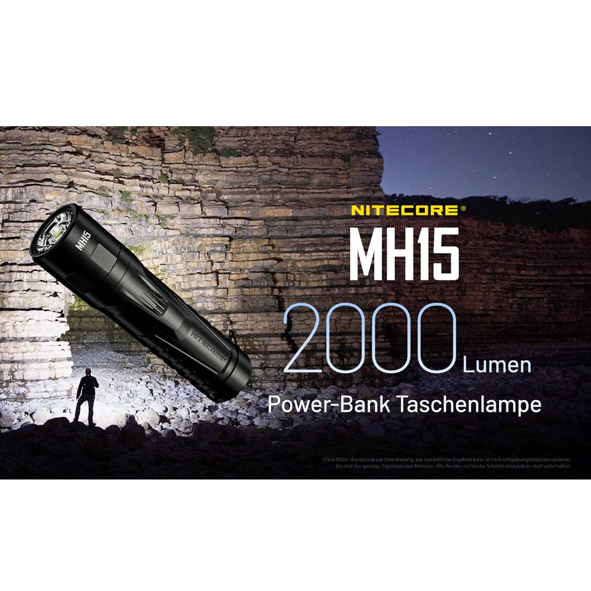 Werbebild einer Nitecore MH15 Taschenlampe mit der Bezeichnung „2000 Lumen Power-Bank Taschenlampe