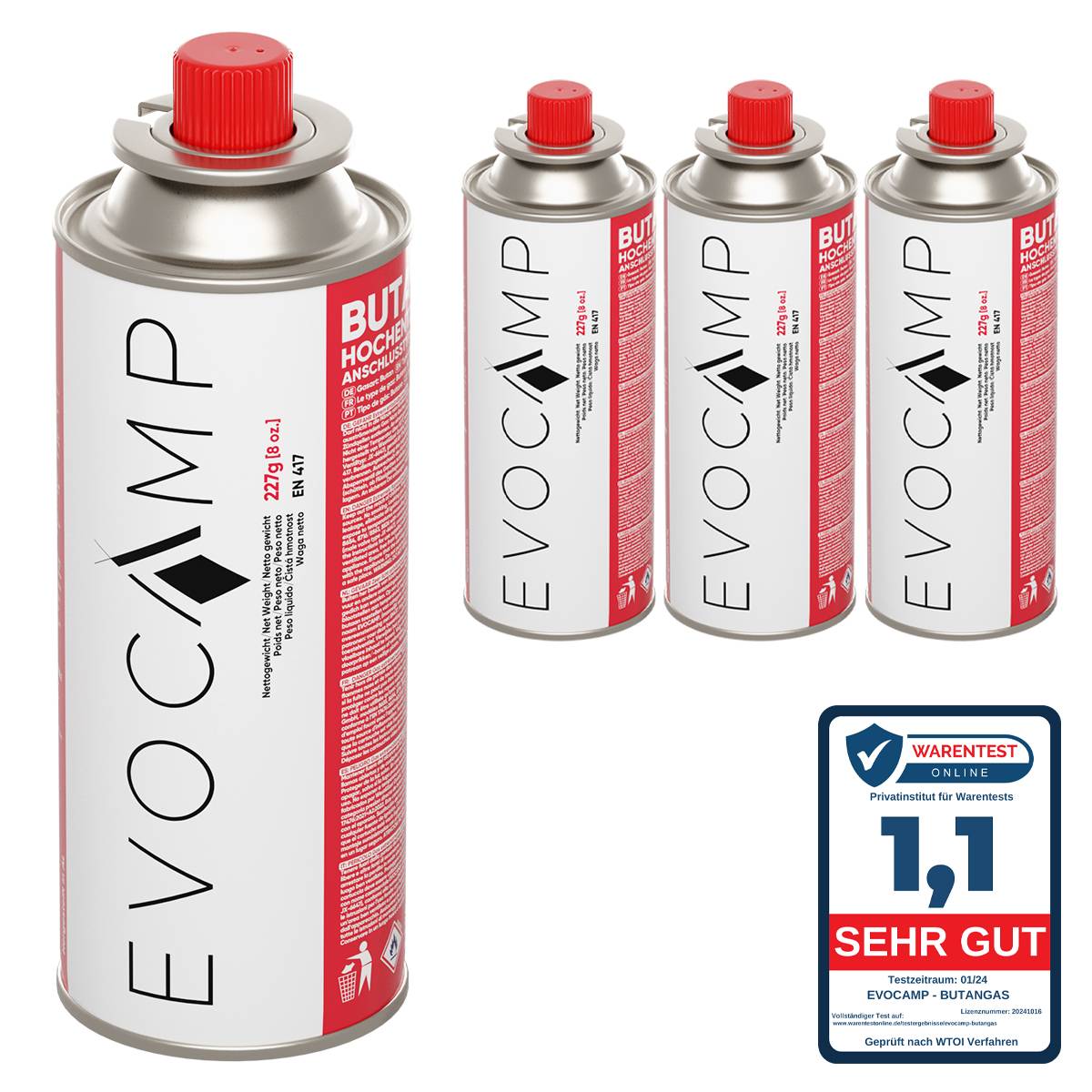 EVOCAMP 4x Butan Gaskartuschen 227g Typ MSF-1a für Campingkocher, Gasheizung