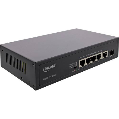 Ein schwarzer Netzwerk-Switch mit mehreren Ethernet-Anschlüssen, auf dem vorderen Bedienfeld mit „inLine Gigabit PoE Switch