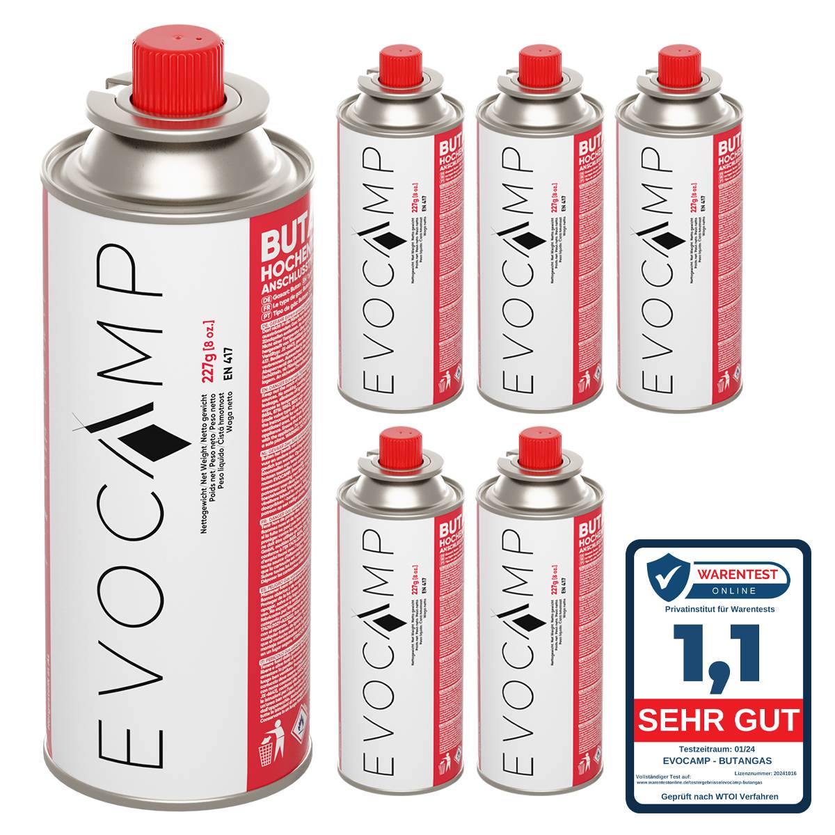 EVOCAMP 6x Butan Gaskartuschen 227g Typ MSF-1a für Campingkocher, Gasheizung