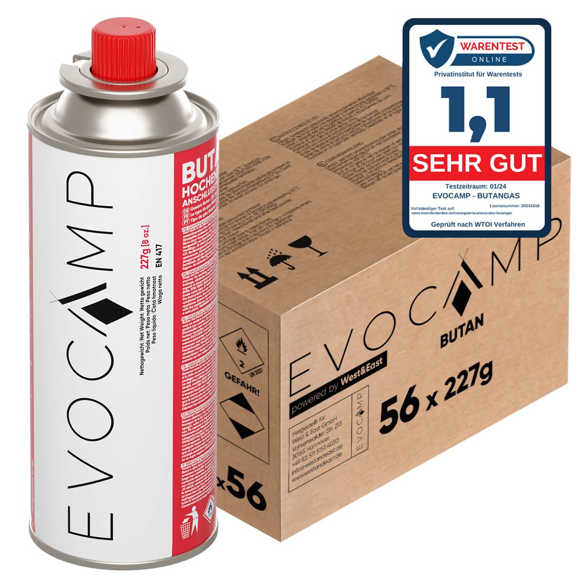 EVOCAMP 56x Butan Gaskartuschen 227g Typ MSF-1a für Campingkocher, Gasheizung