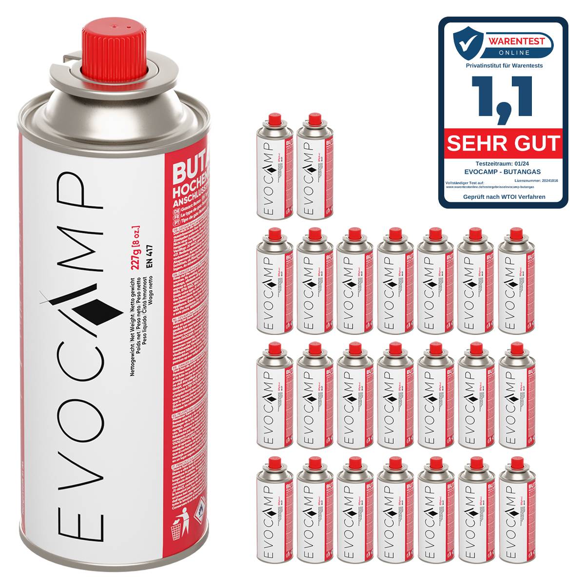 EVOCAMP 24x Butan Gaskartuschen 227g Typ MSF-1a für Campingkocher, Gasheizung