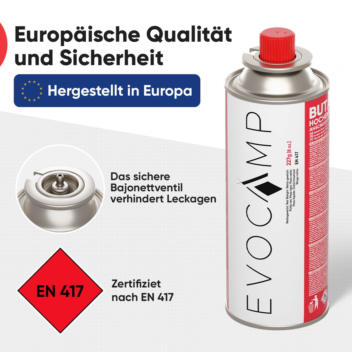 EVOCAMP 16x Butan Gaskartuschen 227g Typ MSF-1a für Campingkocher, Gasheizung
