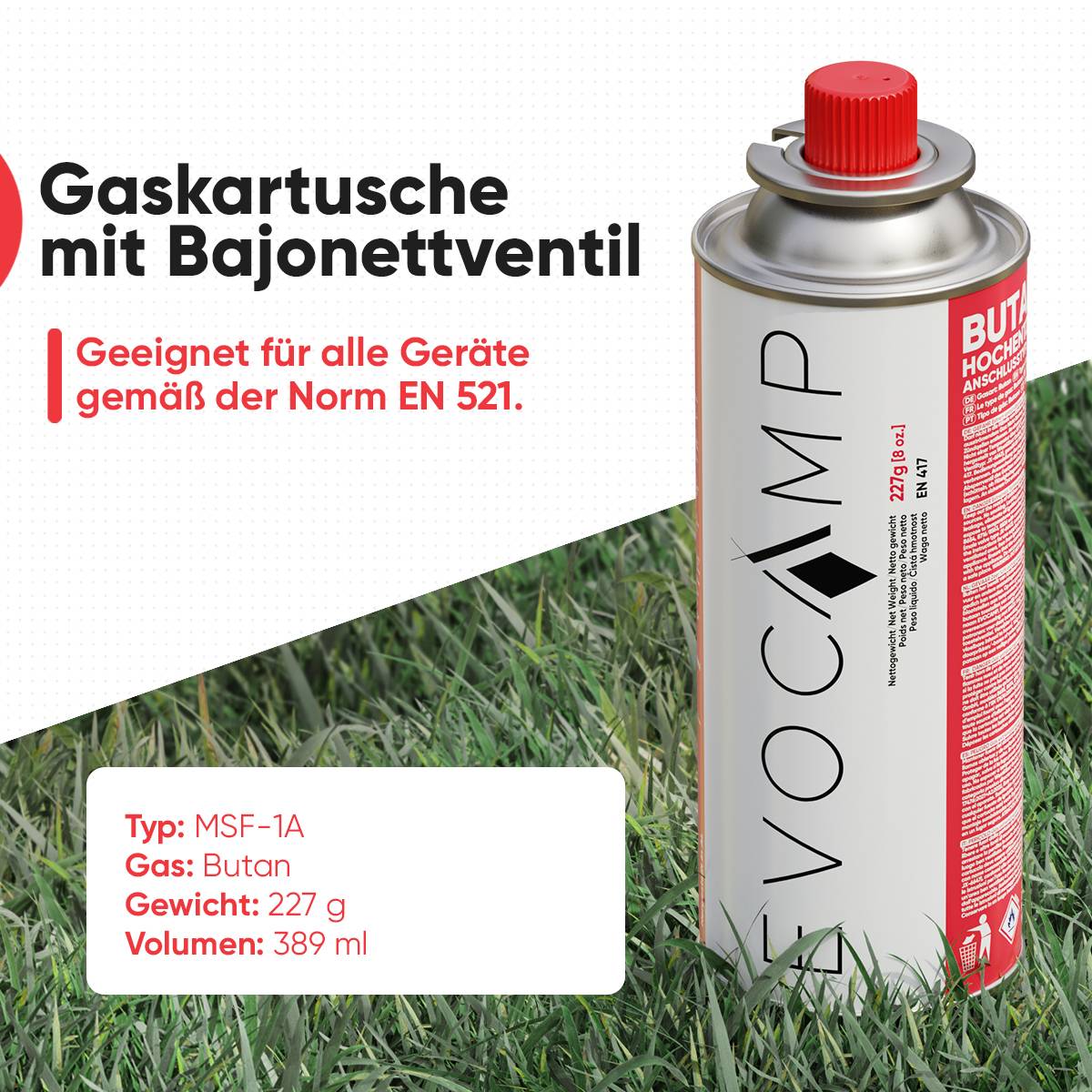 EVOCAMP 24x Butan Gaskartuschen 227g Typ MSF-1a für Campingkocher, Gasheizung