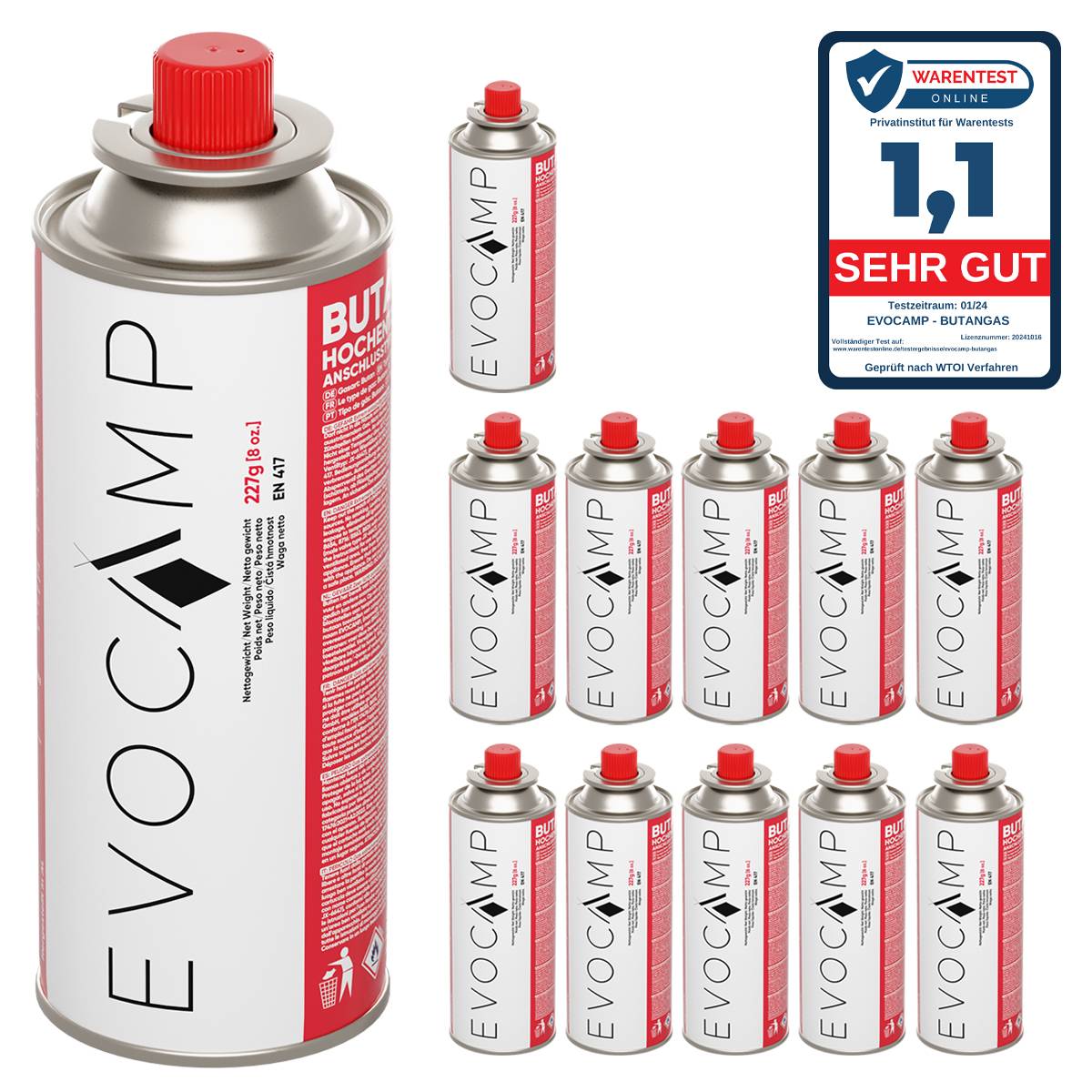 EVOCAMP 12x Butan Gaskartuschen 227g Typ MSF-1a für Campingkocher, Gasheizung