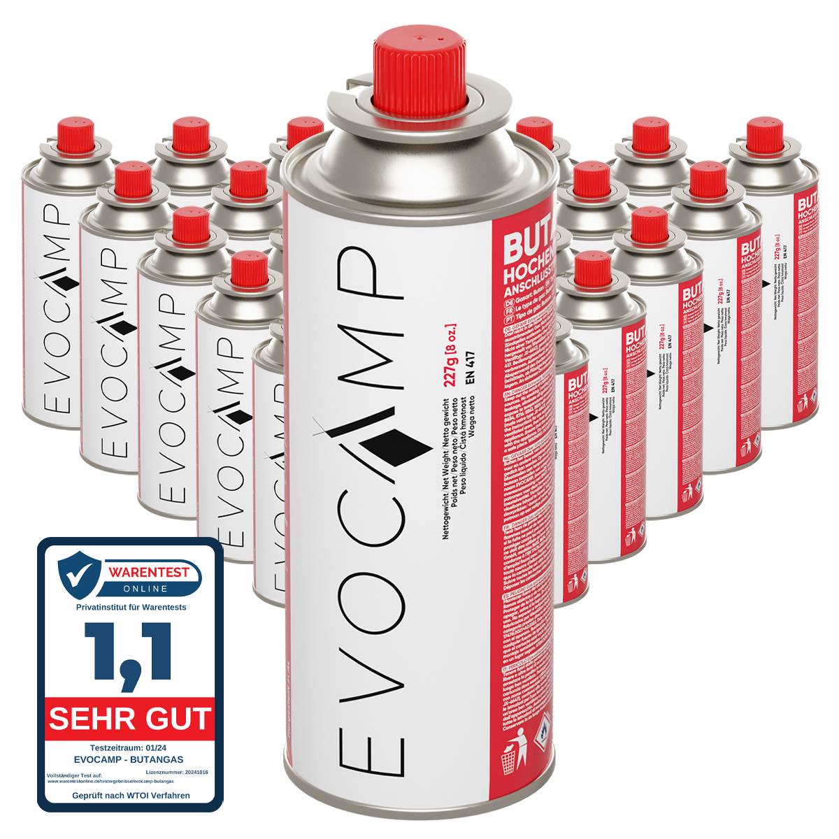 EVOCAMP 28x Butan Gaskartuschen 227g Typ MSF-1a für Campingkocher, Gasheizung