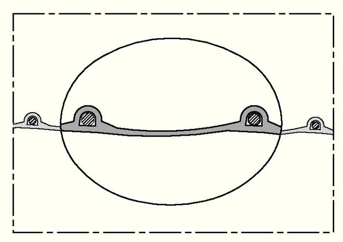 Eine einfache Linienzeichnung zeigt eine kreisförmige Gestalt mit einem geraden horizontalen Schlitz in der Mitte, die einem stilisierten Gesicht oder einer Maske ähnelt.