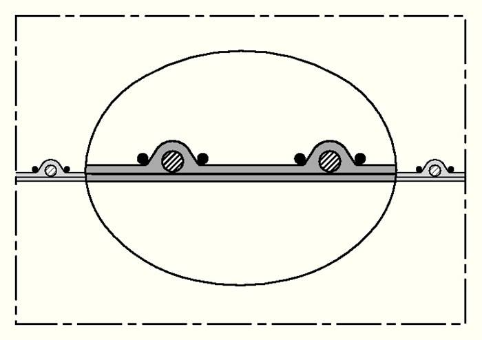 Eine Skizze zeigt eine Ellipsoidform mit zwei halbkreisförmigen Vorsprüngen an der Spitze, die durch eine horizontal verlaufende Linie in der Mitte miteinander verbunden sind.