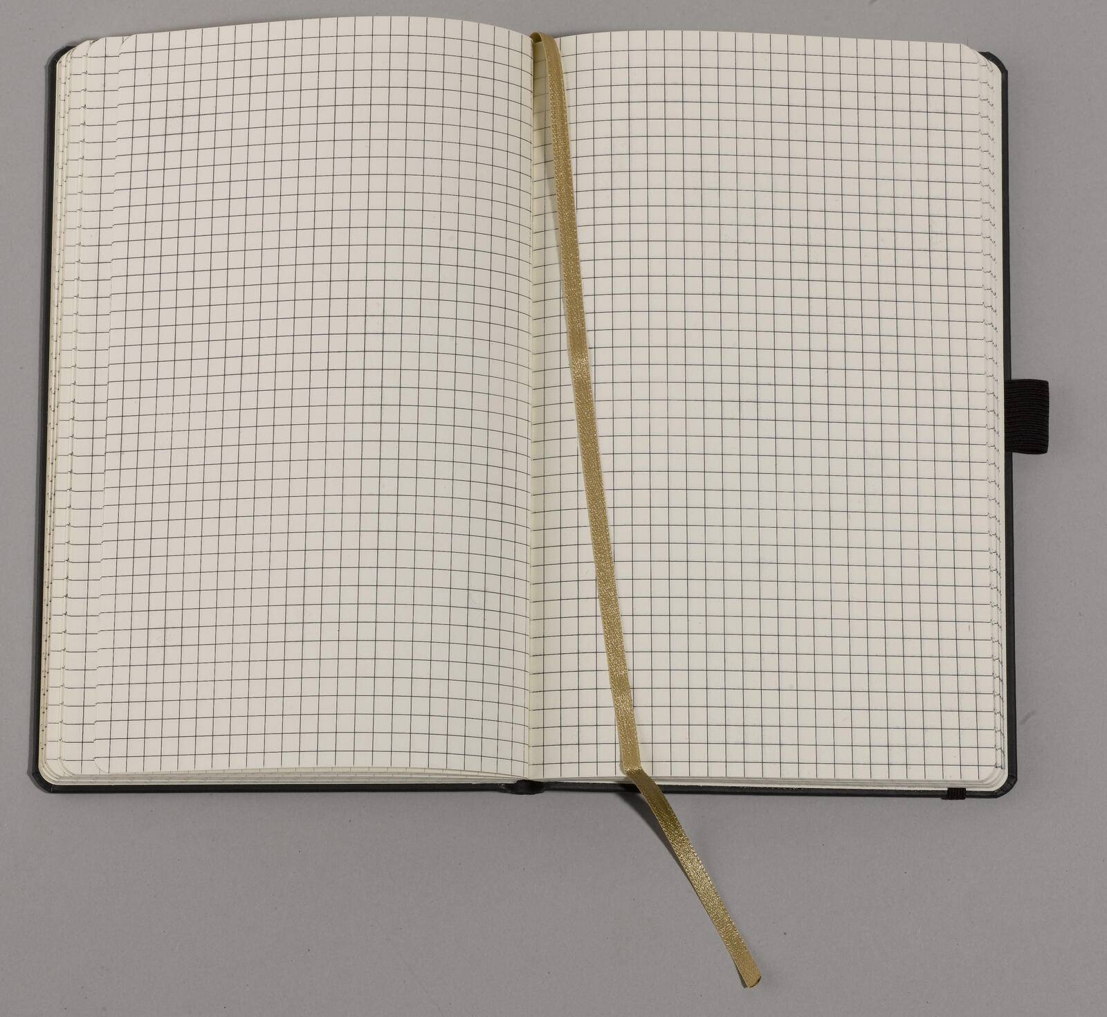 Offenes blanko-Gitter-Notizbuch mit einem goldenen Lesezeichen aus Seidenband, das quer über die Mitte liegt, auf grauem Hintergrund.