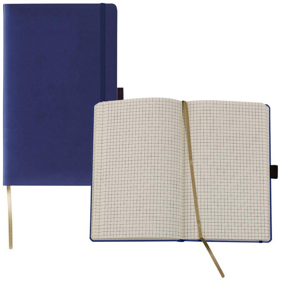 Ein blaugebundenes Notizbuch mit kariertem Papier, aufgeschlagen, mit einem goldfarbenen Lesezeichenband sichtbar. Der Einband ist auf der linken Seite geschlossen.